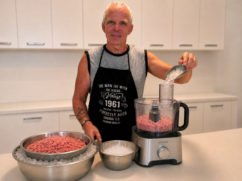Me adding ice to food processor